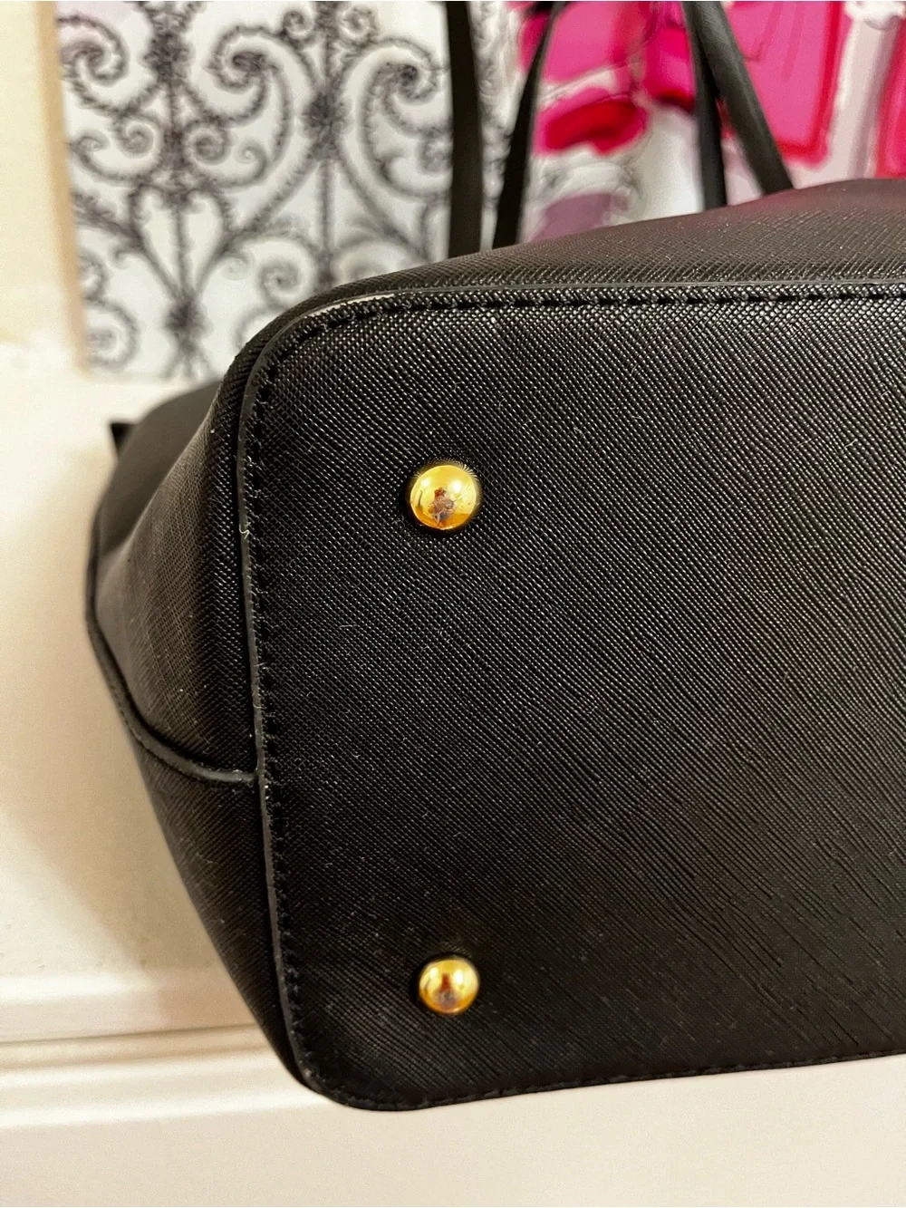 kate spade Black Saffiano Tote with Gold Logo Accents